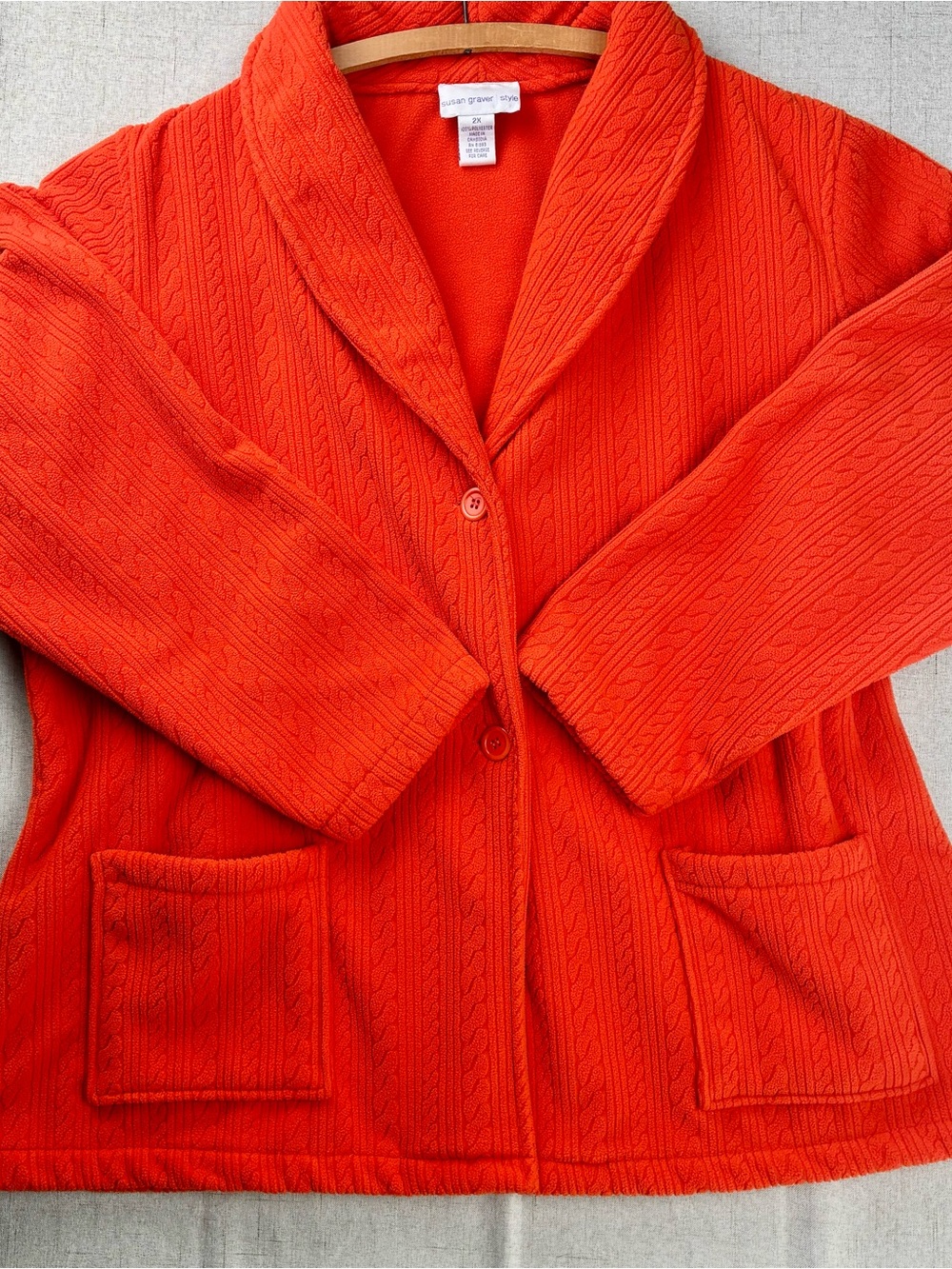 Cable Knit Women Orange Cardigan 2X Soft Fleece Jacket Pockets Collared QVC Coat